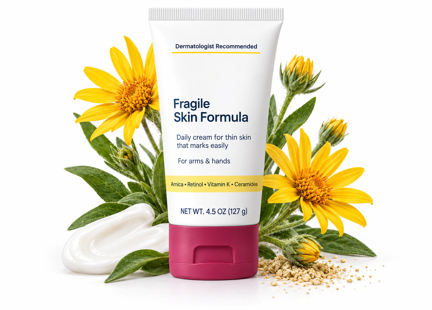 eknest Fragile Skin Formula surrounded by Arnica montana flowers