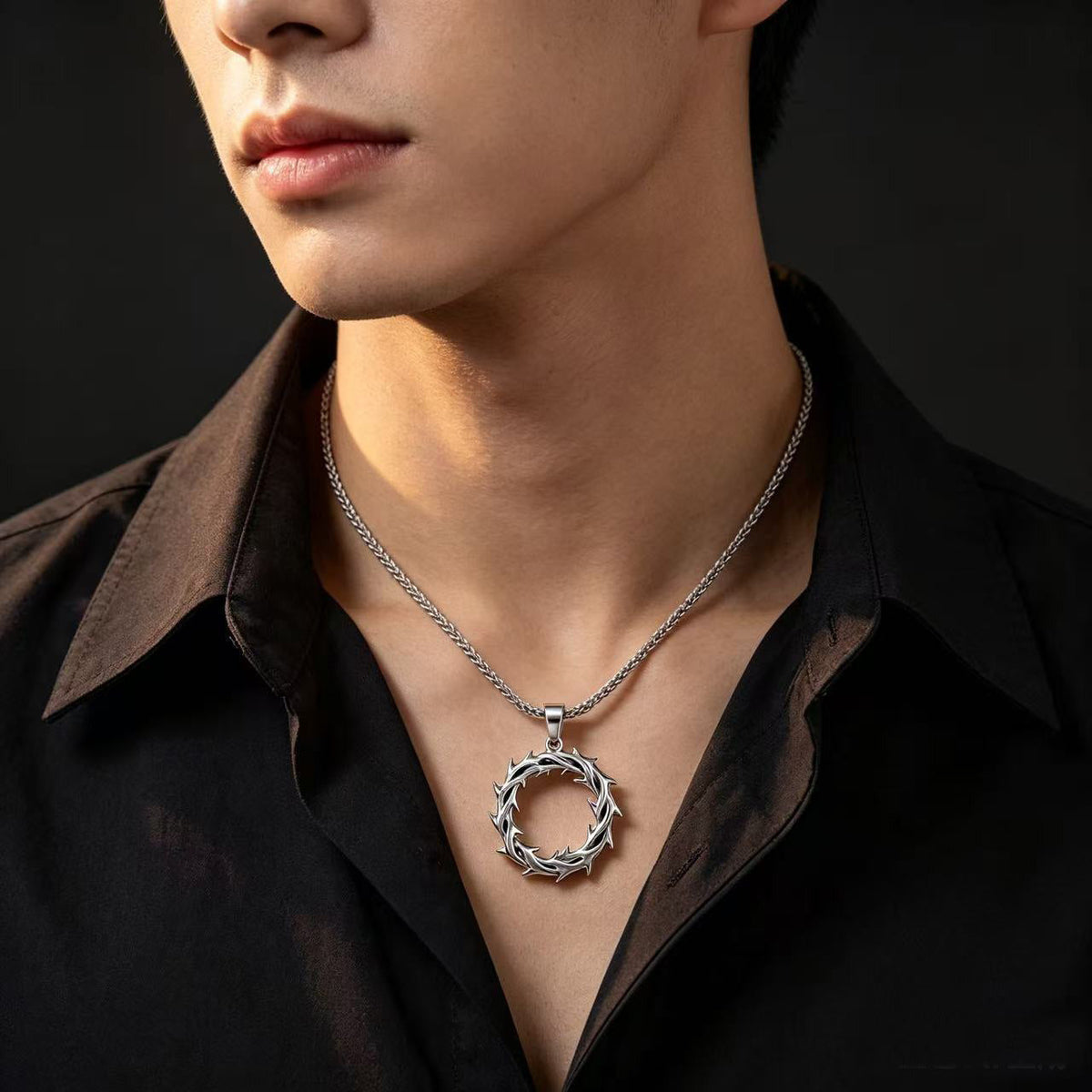 new trendy thorny circle pendant necklace, street-style stainless steel braided chain with a sophisticated look