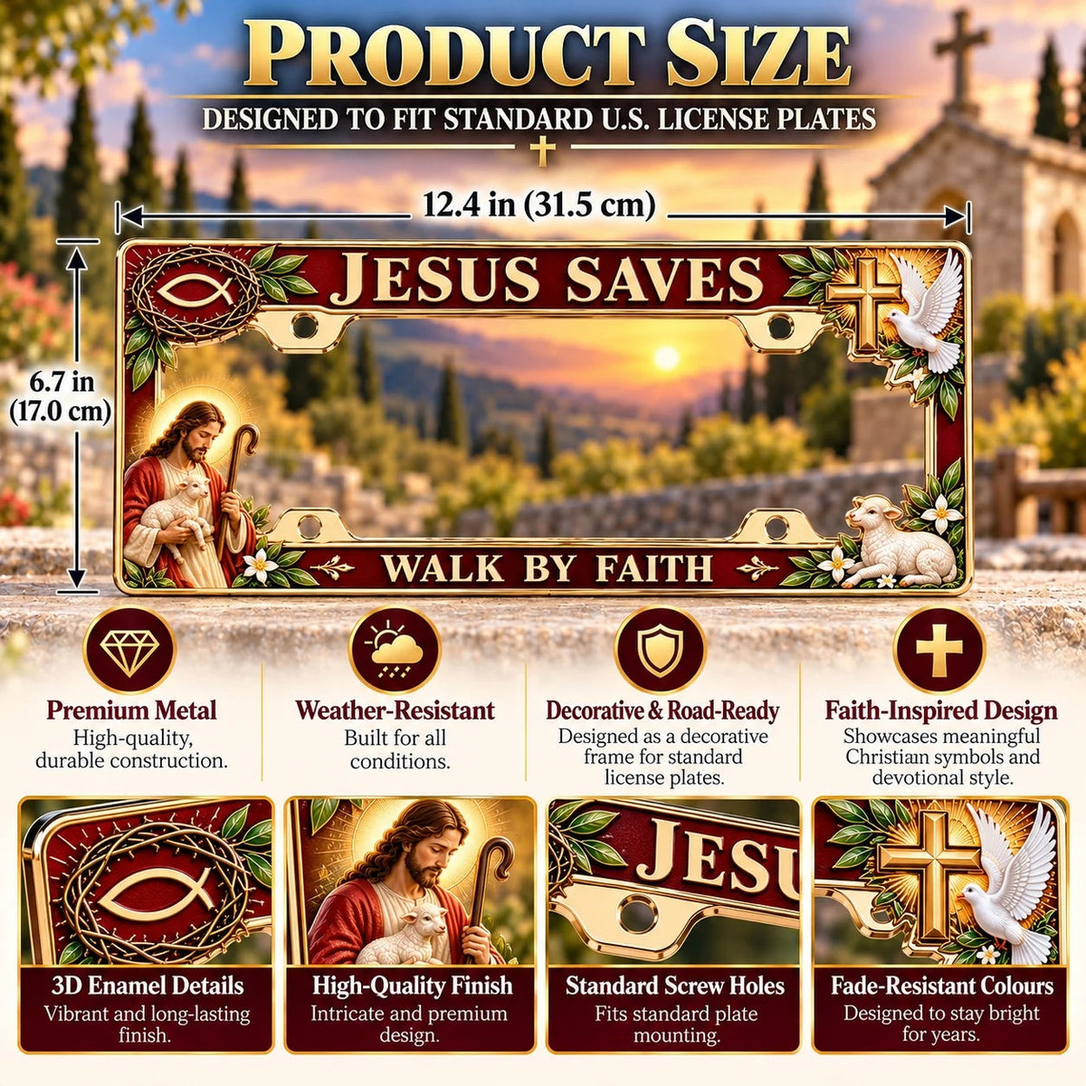 ⭐🐑🕊️ “Jesus Saves – Walk by Faith” Jesus Commemorative Metal License Plate Frame