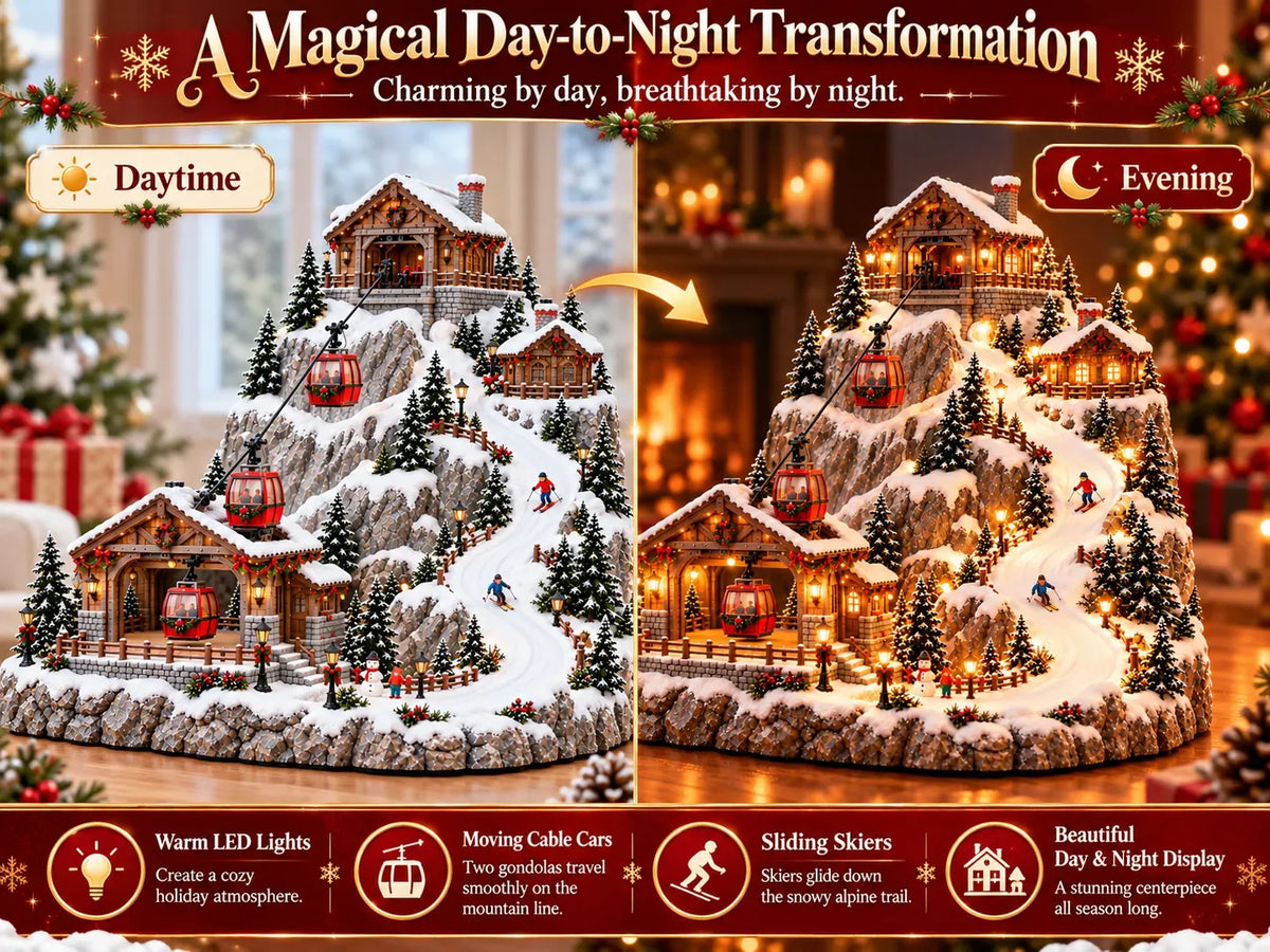 Animated Christmas Mountain Cable Car & Ski Village Scene ✨