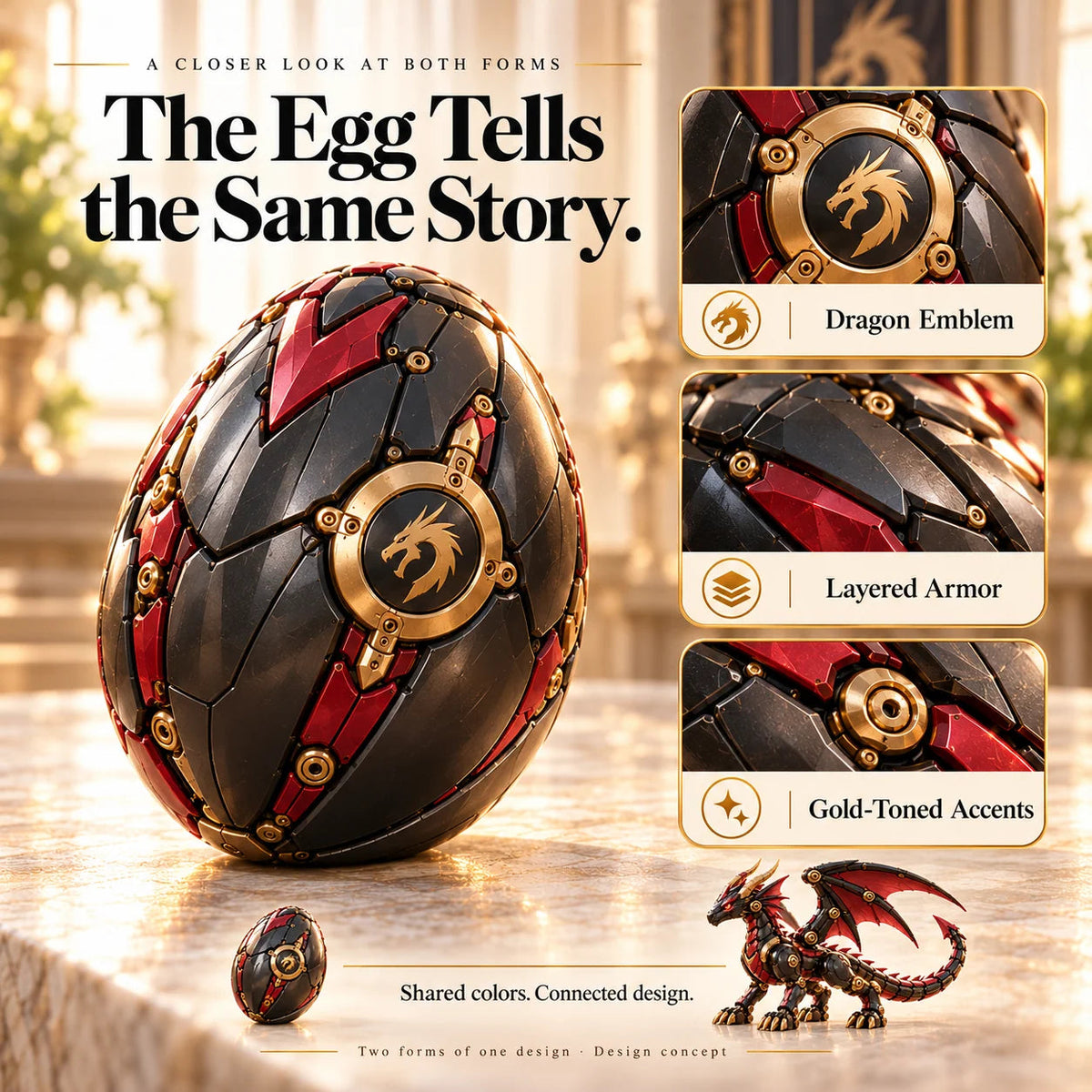 🔥last Day 49% Off🔥-🐉 Mechanical Dragon Egg – Black & Crimson Dragon With Folding Wings & Armored Details