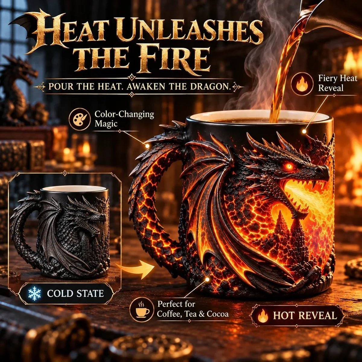 🐉 Dragonfire 3D Heat-Reveal Magic Mug | Add a Hot Drink. Awaken the Dragon！！！🔥