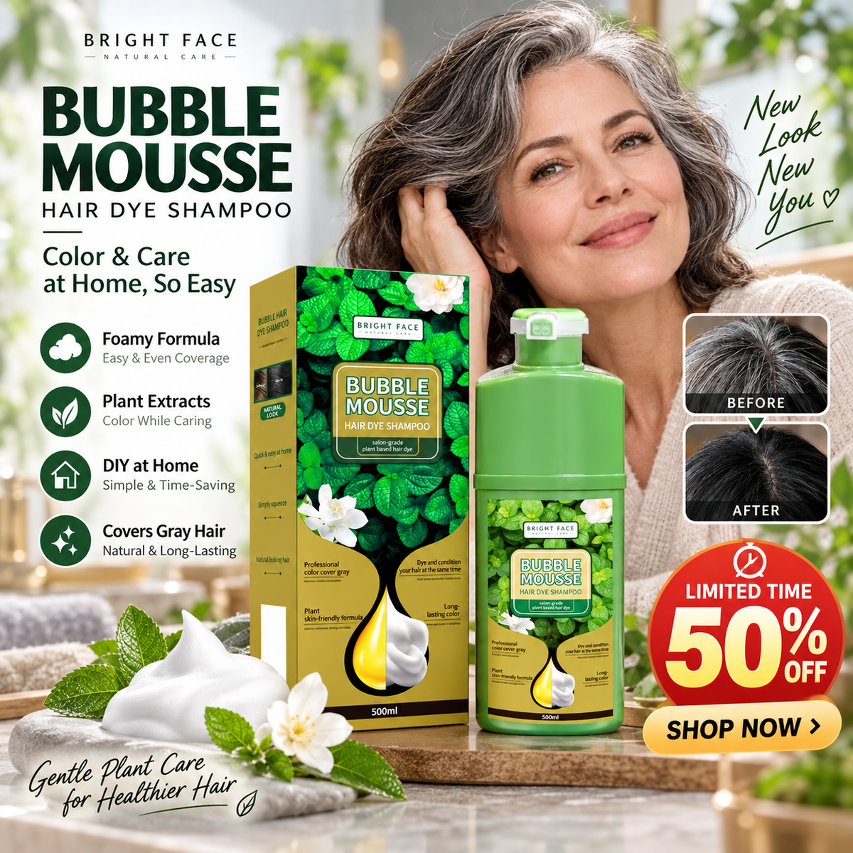 💞Black Friday Sale 50% OFF!!💇‍♀️💈Long-Lasting Plant-Based Bubble Mousse Hair Dye Shampoo, Gentle At-Home Gray Hair Coverage🛡️👍